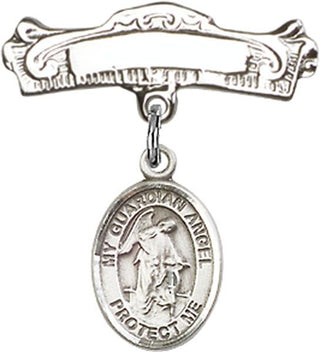 Sterling Silver Badge Pin Guardian Angel w/Child Baby Badge - Engravable