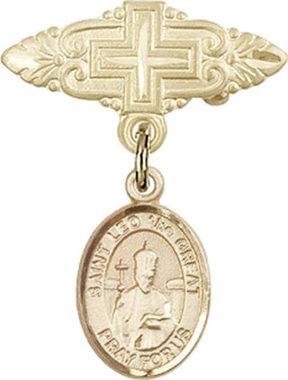 14kt Gold Badge Pin With Cross St. Leo the Great Baby Badge - Engravable