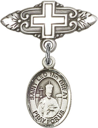 Sterling Silver Badge Pin With Cross St. Leo the Great Baby Badge - Engravable
