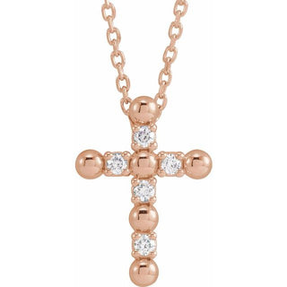 14K Rose .07 CTW Natural Diamond Beaded Cross 16-18" Necklace