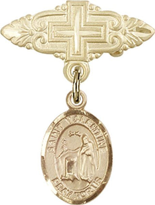 14kt Gold Badge Pin With Cross St. Valentine of Rome Baby Badge - Engravable