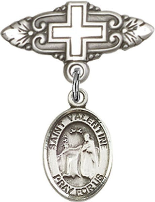Sterling Silver Badge Pin With Cross St. Valentine of Rome Baby Badge - Engravable
