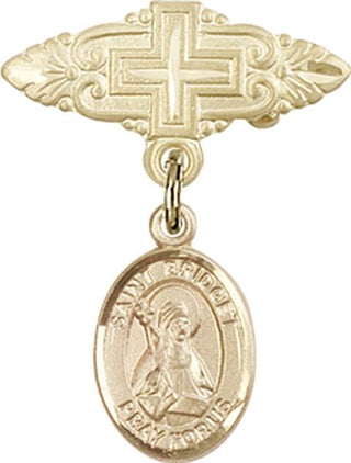 14kt Gold Badge Pin With Cross St. Bridget of Sweden Baby Badge - Engravable