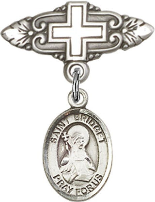 Sterling Silver Badge Pin With Cross St. Bridget of Sweden Baby Badge - Engravable