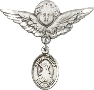 Sterling Silver Large Angel w/Wings St. Bridget of Sweden Baby Badge - Engravable