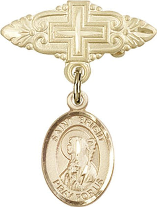 14kt Gold Badge Pin With Cross St. Brigid of Ireland Baby Badge - Engravable