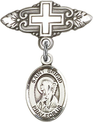 Sterling Silver Badge Pin With Cross St. Brigid of Ireland Baby Badge - Engravable
