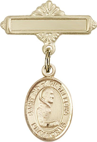 14kt Gold Polished Badge Pin St. Pio of Pietrelcina Baby Badge - Engravable