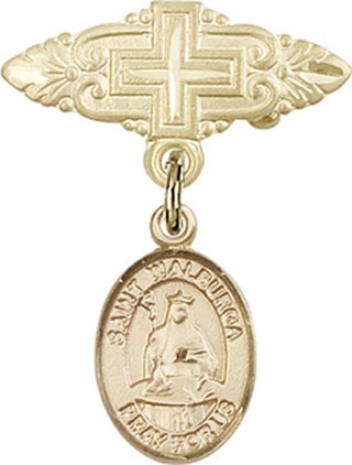 14kt Gold Badge Pin With Cross St. Walburga Baby Badge - Engravable
