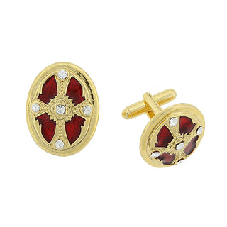 14K Gold-Dipped Crystal Red Enamel Oval Cross Cuff Links - SALE