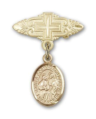 14kt Gold Filled Badge Pin With Cross Sts. Cosmas & Damian Baby Badge - Engravable