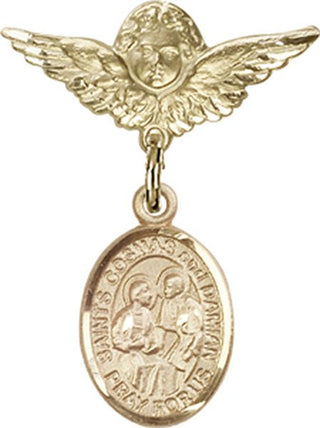 14kt Gold Filled Small Angel w/Wings Sts. Cosmas & Damian Baby Badge - Engravable