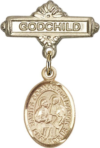 14kt Gold Filled Godchild Sts. Cosmas & Damian Baby Badge - Engravable