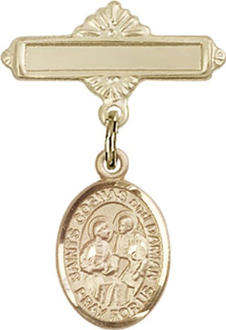 14kt Gold Polished Badge Pin Sts. Cosmas & Damian Baby Badge - Engravable