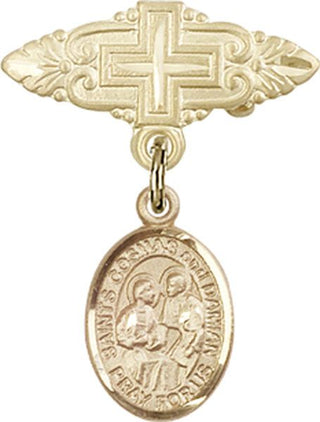 14kt Gold Badge Pin With Cross Sts. Cosmas & Damian Baby Badge - Engravable