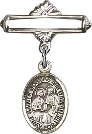 Sterling Silver Polished Badge Pin Sts. Cosmas & Damian Baby Badge - Engravable