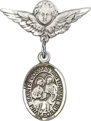 Sterling Silver Small Angel w/Wings Sts. Cosmas & Damian Baby Badge - Engravable