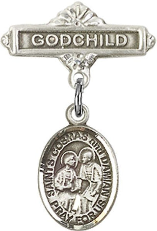 Sterling Silver Godchild Sts. Cosmas & Damian Baby Badge - Engravable