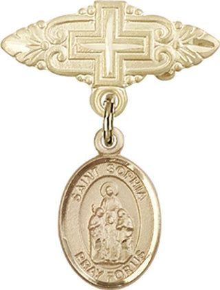 14kt Gold Badge Pin With Cross St. Sophia Baby Badge - Engravable