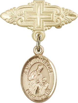 14kt Gold Badge Pin With Cross St. Ambrose Baby Badge - Engravable