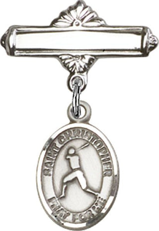 Sterling Silver Polished Badge Pin St. Christopher/Baseball Baby Badge