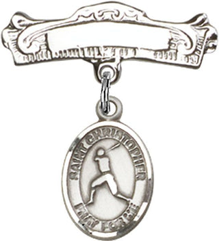 Sterling Silver Badge Pin St. Christopher/Baseball Baby Badge