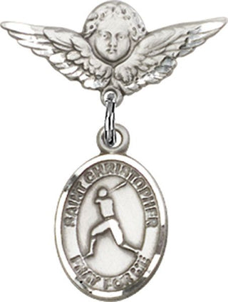 Sterling Silver Small Angel w/Wings St. Christopher/Baseball Baby Badge
