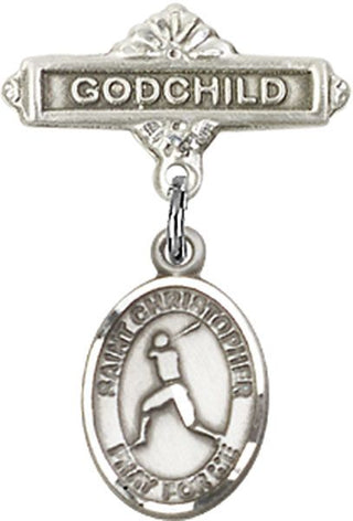 Sterling Silver Godchild St. Christopher/Baseball Baby Badge