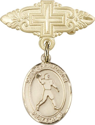 14kt Gold Badge Pin With Cross St. Christopher/Football Baby Badge