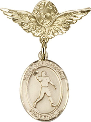 14kt Gold Small Angel w/Wings St. Christopher/Football Baby Badge
