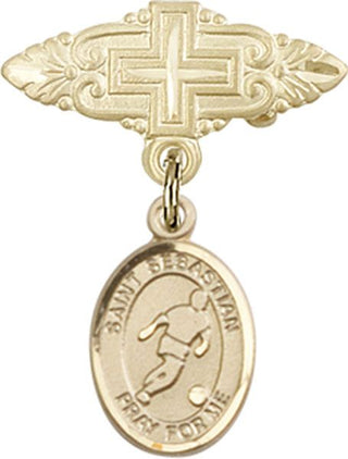 14kt Gold Filled Badge Pin With Cross St. Sebastian/Soccer Baby Badge