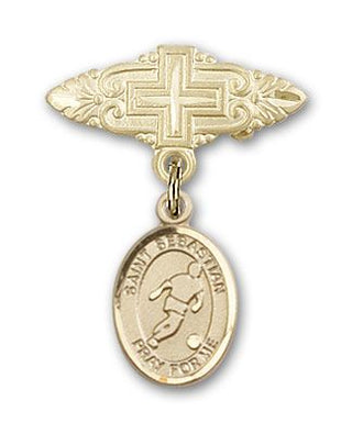14kt Gold Badge Pin With Cross St. Sebastian/Soccer Baby Badge