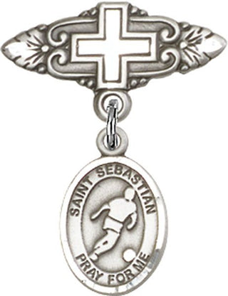 Sterling Silver Badge Pin With Cross St. Sebastian/Soccer Baby Badge