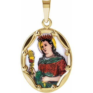 14K Yellow 17x13.5 mm Oval Hand Painted Porcelain Saint Barbara Medal