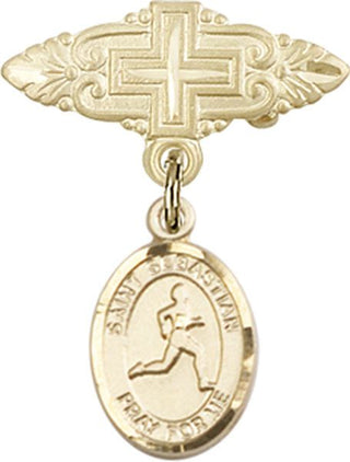 14kt Gold Badge Pin With Cross St. Sebastian/Track & Field Baby Badge
