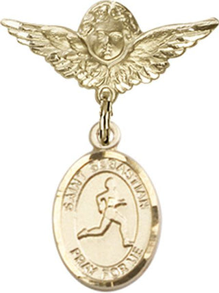 14kt Gold Small Angel w/Wings St. Sebastian/Track & Field Baby Badge