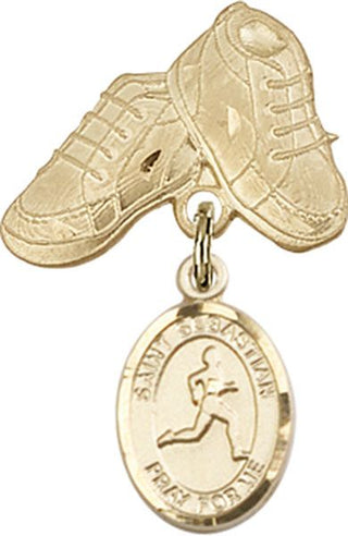 14kt Gold Baby Boots St. Sebastian/Track & Field Baby Badge
