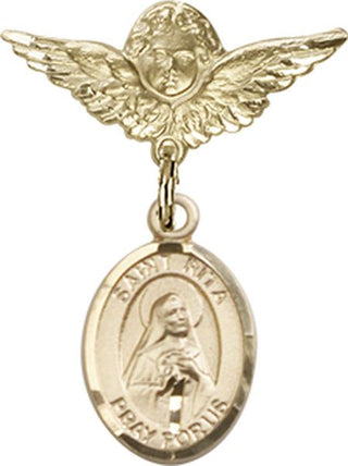 14kt Gold Filled Small Angel w/Wings St. Rita / Baseball Baby Badge