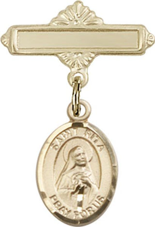 14kt Gold Polished Badge Pin St. Rita / Baseball Baby Badge