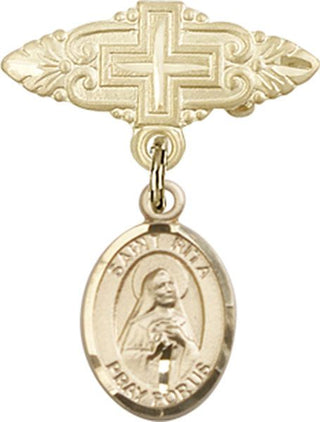 14kt Gold Badge Pin With Cross St. Rita / Baseball Baby Badge