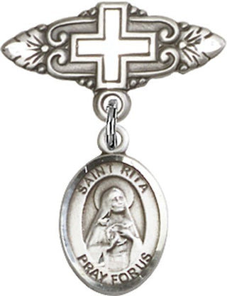 Sterling Silver Badge Pin With Cross St. Rita / Baseball Baby Badge