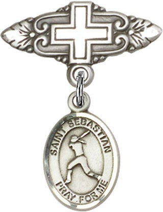 Sterling Silver Badge Pin With Cross St. Sebastian/Softball Baby Badge