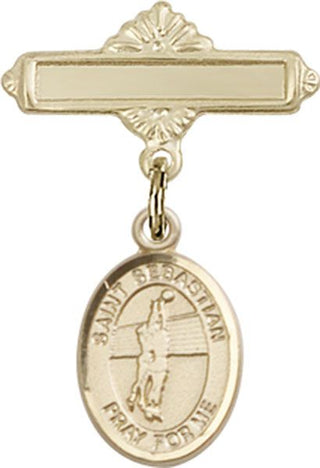14kt Gold Polished Badge Pin St. Sebastian / Volleyball Baby Badge
