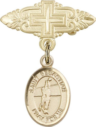 14kt Gold Badge Pin With Cross St. Sebastian / Volleyball Baby Badge