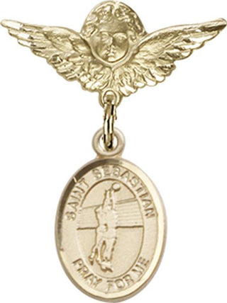 14kt Gold Small Angel w/Wings St. Sebastian / Volleyball Baby Badge