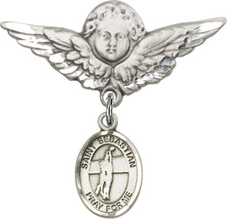 Sterling Silver Large Angel w/Wings St. Sebastian / Volleyball Baby Badge