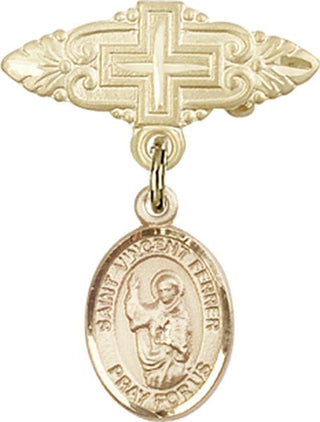 14kt Gold Badge Pin With Cross St. Vincent Ferrer Baby Badge - Engravable