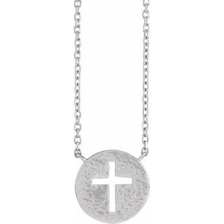 Platinum Pierced Cross Hammered Disc 18" Necklace