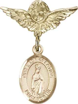 14kt Gold Filled Small Angel w/Wings O/L of Fatima Baby Badge - Engravable