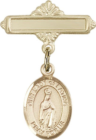 14kt Gold Polished Badge Pin O/L of Fatima Baby Badge - Engravable